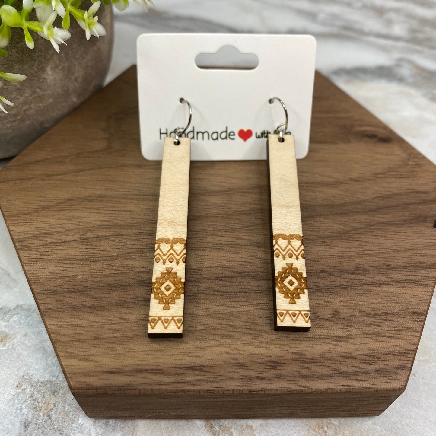 Wooden Dangle Earrings - Rectangle Aztec