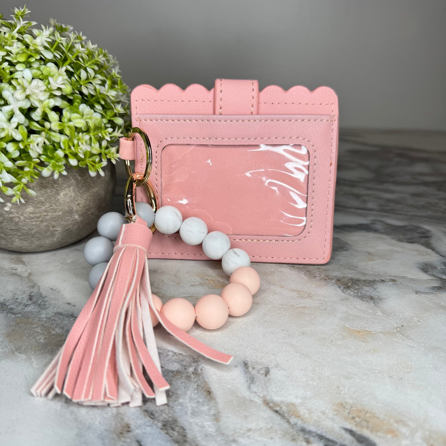 Silicone Bracelet Keychain with Scalloped Card Holder - Peachy Pink