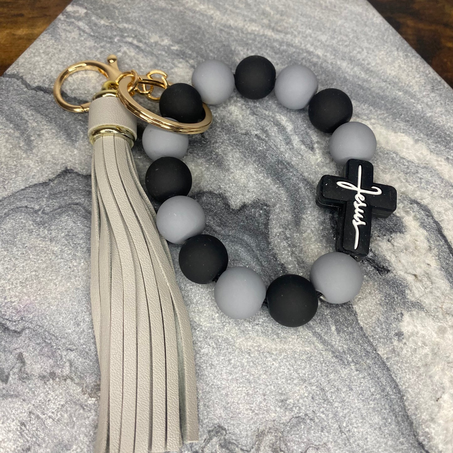 Silicone Bracelet Keychain - Jesus, Black & Gray