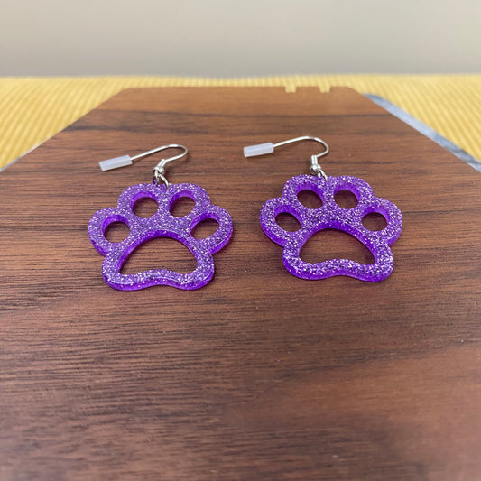 Acrylic Dangle Cutout Earrings - Purple Paw Print