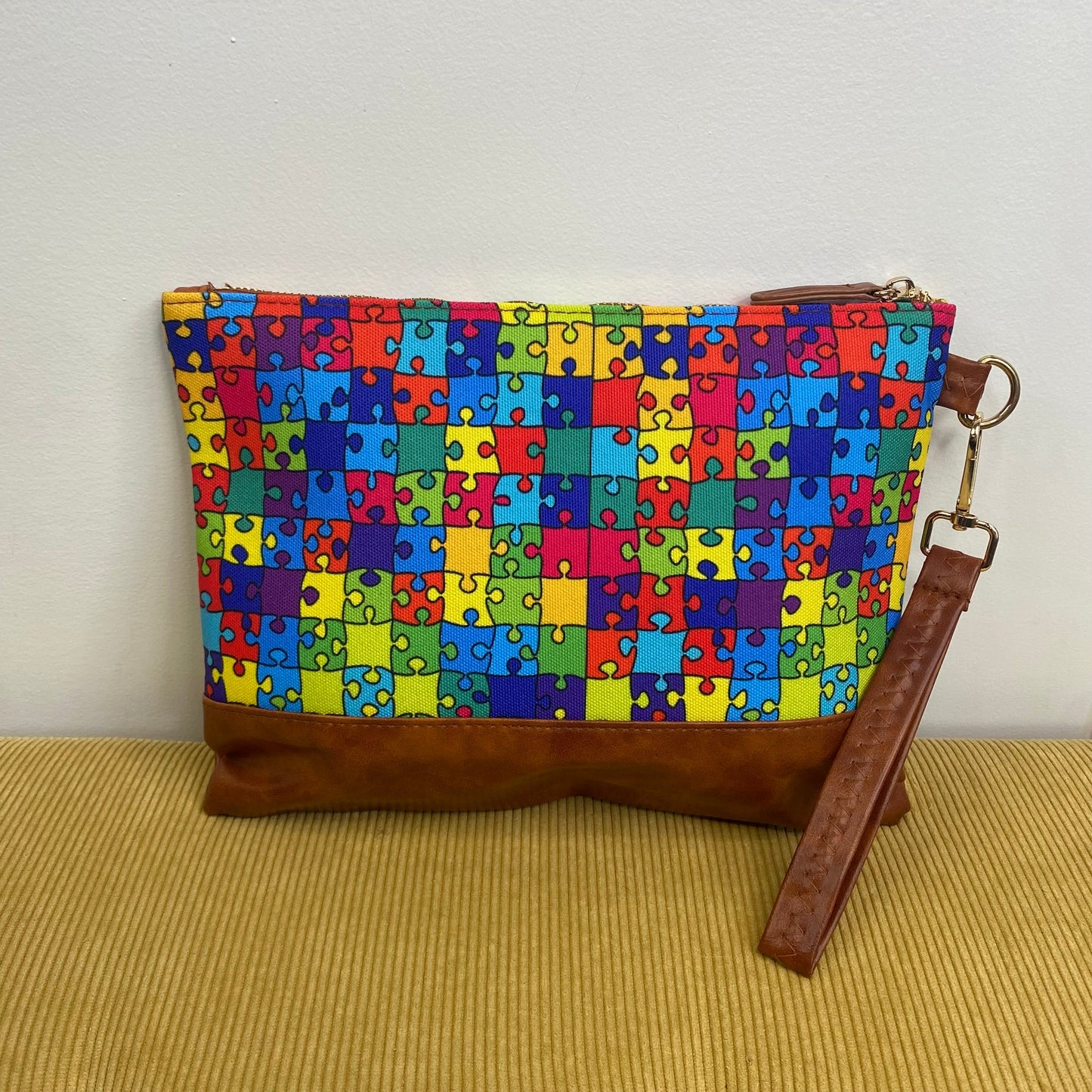 Clutch - Oversized Canvas & Faux Leather with Wrist Loop - Rainbow Leopard