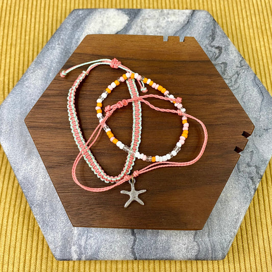 Bracelet Pack - Adjustable String & Bead Coral Starfish