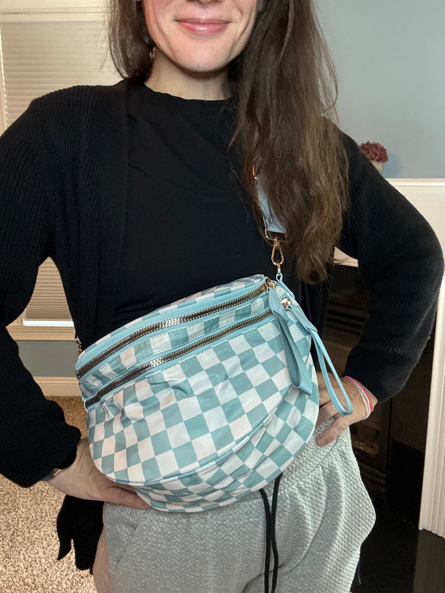 The Roni Nylon Crossbody - Checkered Aqua