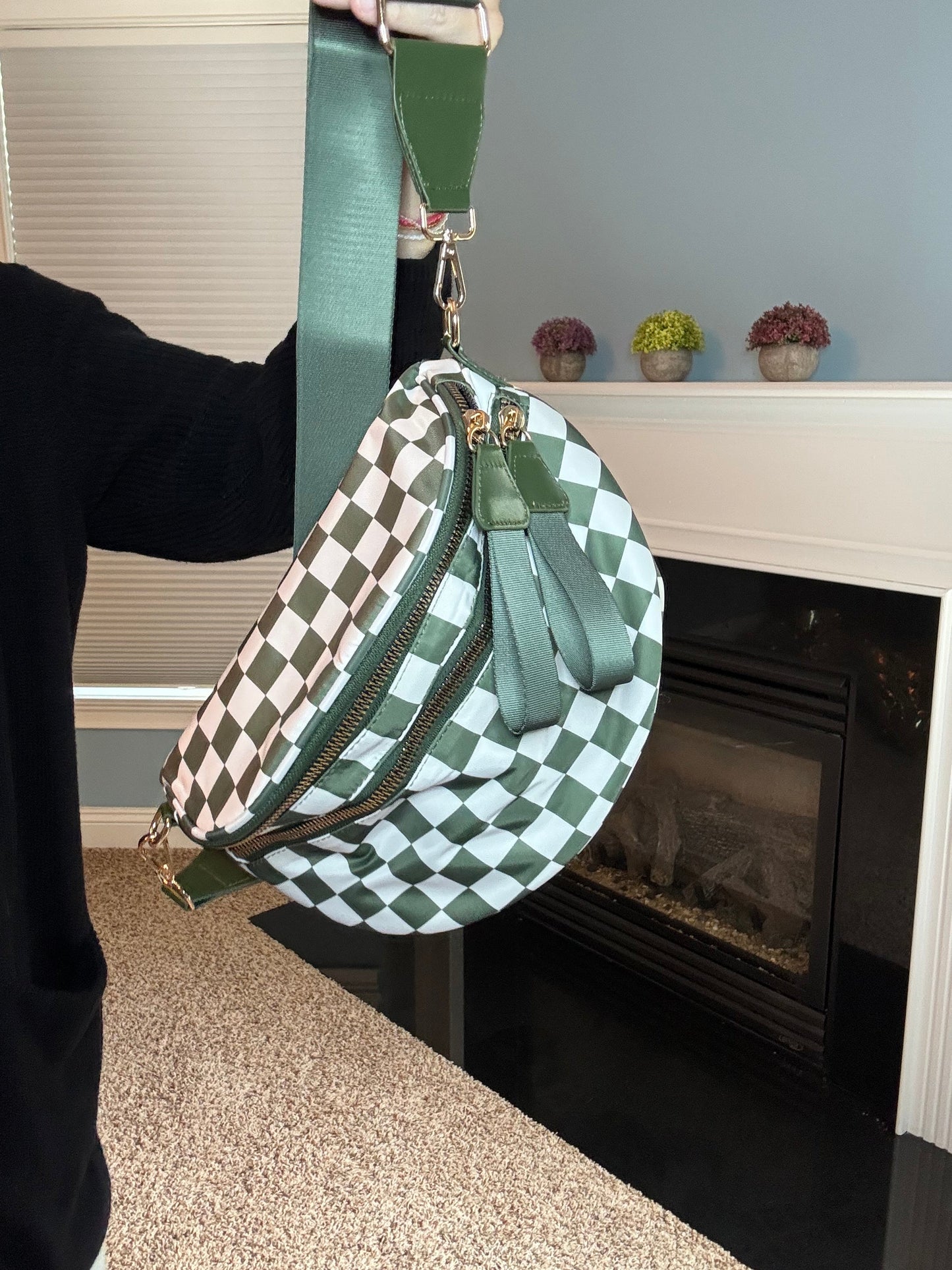 The Roni Nylon Crossbody - Checkered Dark Green
