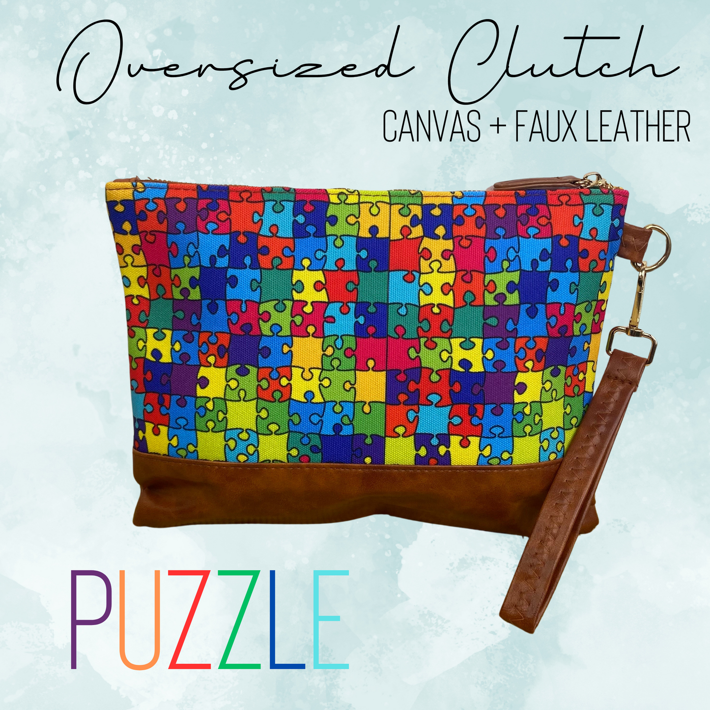 Clutch - Oversized Canvas & Faux Leather - Puzzle