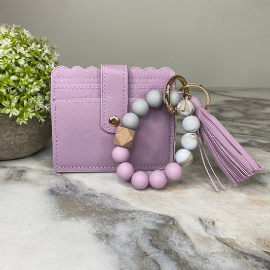 Silicone Bracelet Keychain with Scalloped Card Holder - Lavender Purple