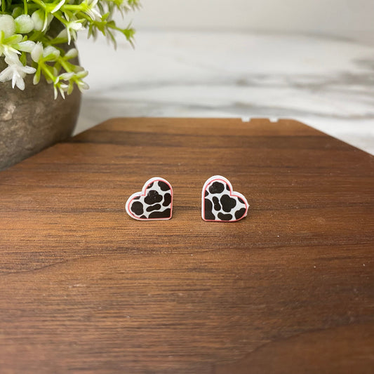 Acrylic Stud Earrings - Cow Print Heart