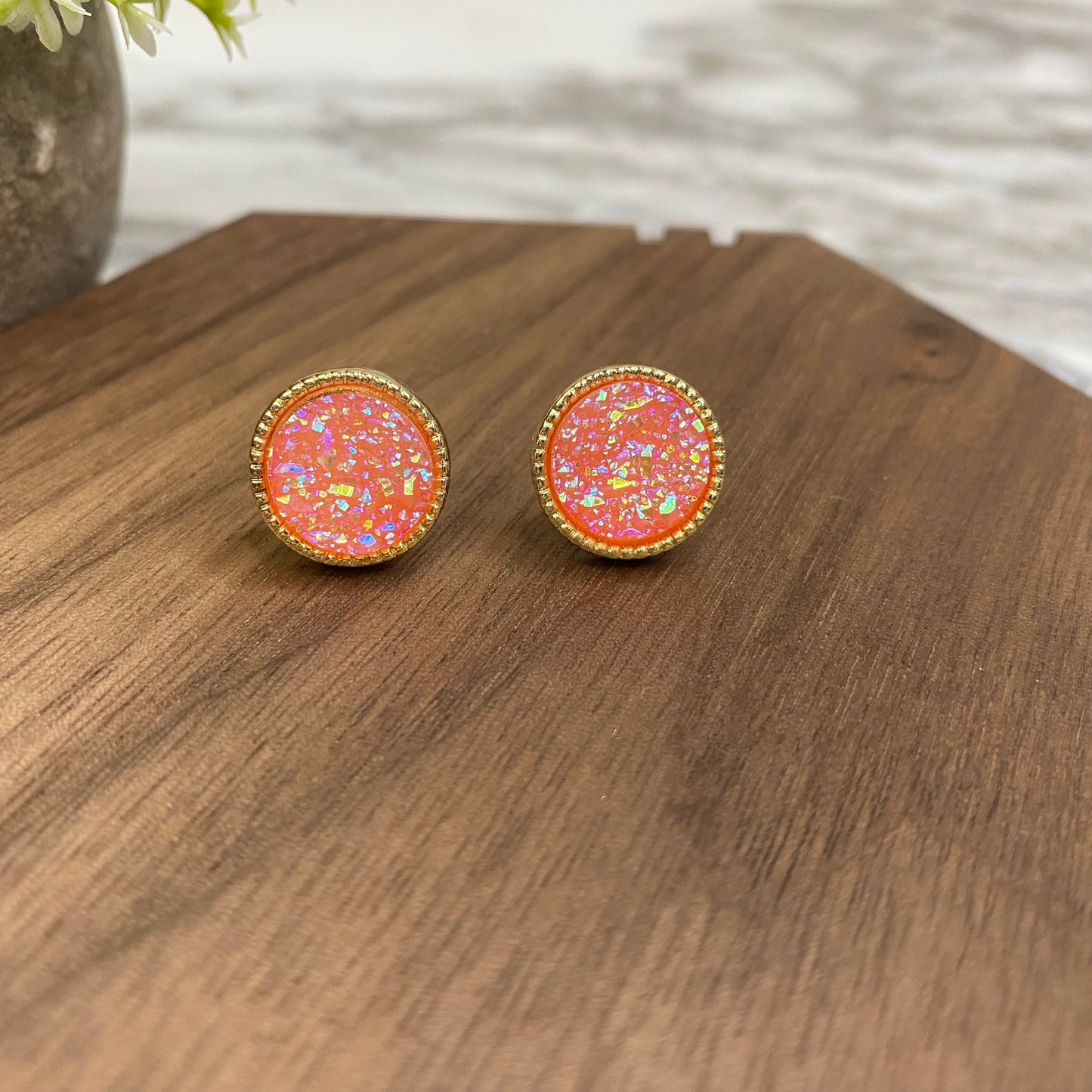 Druzy Stud Earrings - 12mm - Round Pink