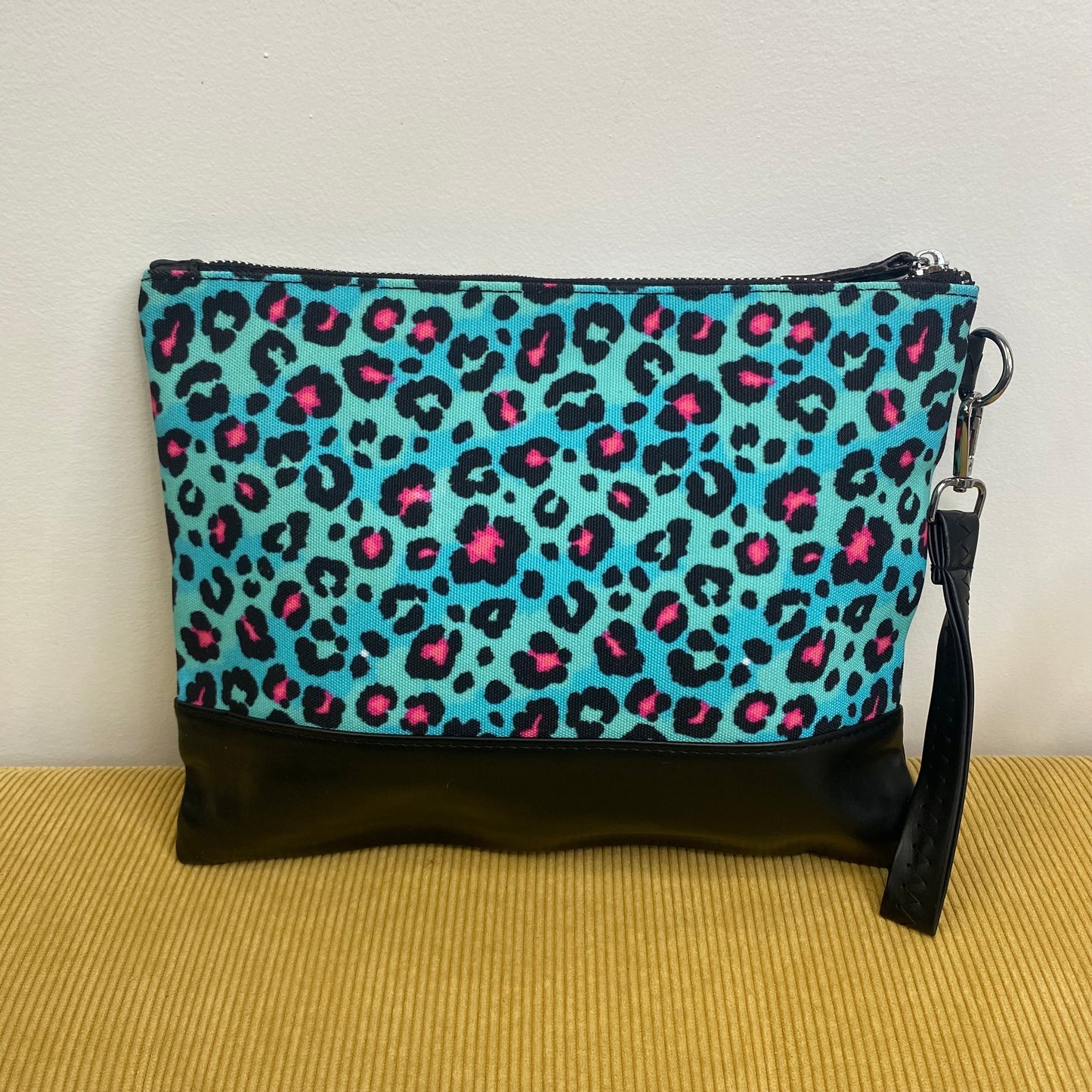 Clutch - Oversized Canvas & Faux Leather - Pink Blue White Leopard