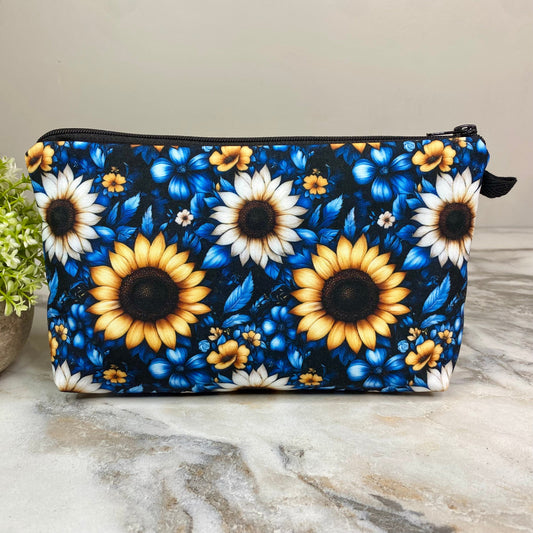 Pouch - Floral, Blue Yellow White Sunflower