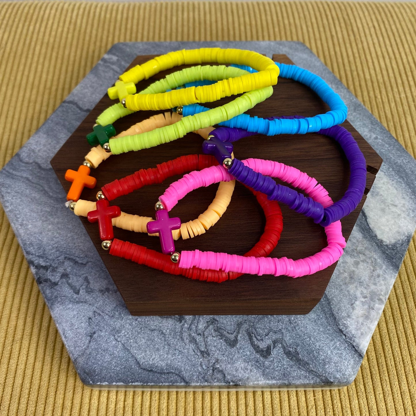 Bracelet - Clay + Bead - Religious Cross Bold Colors