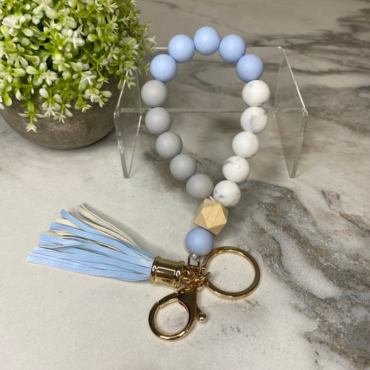 Silicone Bracelet Keychain with Wood Bead & Tassel - Dusty Blue