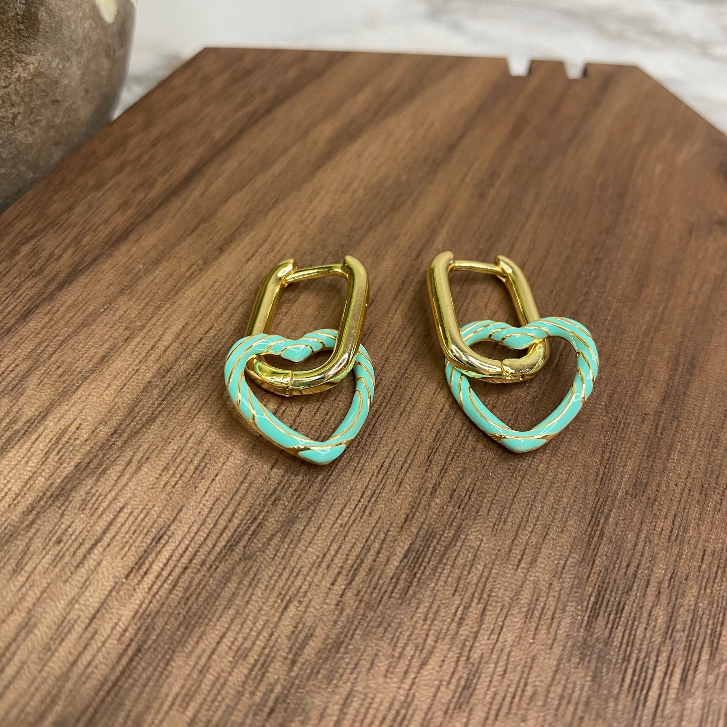 Metal Dangle Earrings - Heart Link - Mint