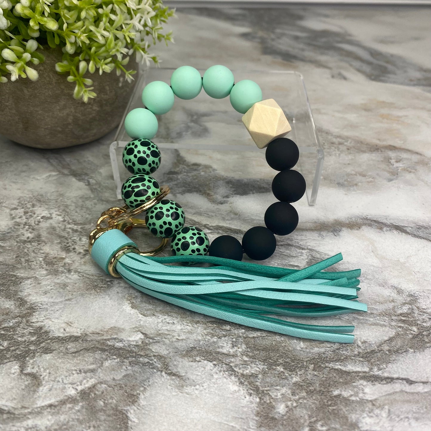 Silicone/Wood Bracelet Keychain - Paw - Mint