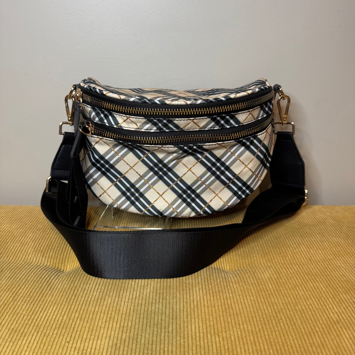 The Roni Nylon Crossbody - Plaid Tan & Gold