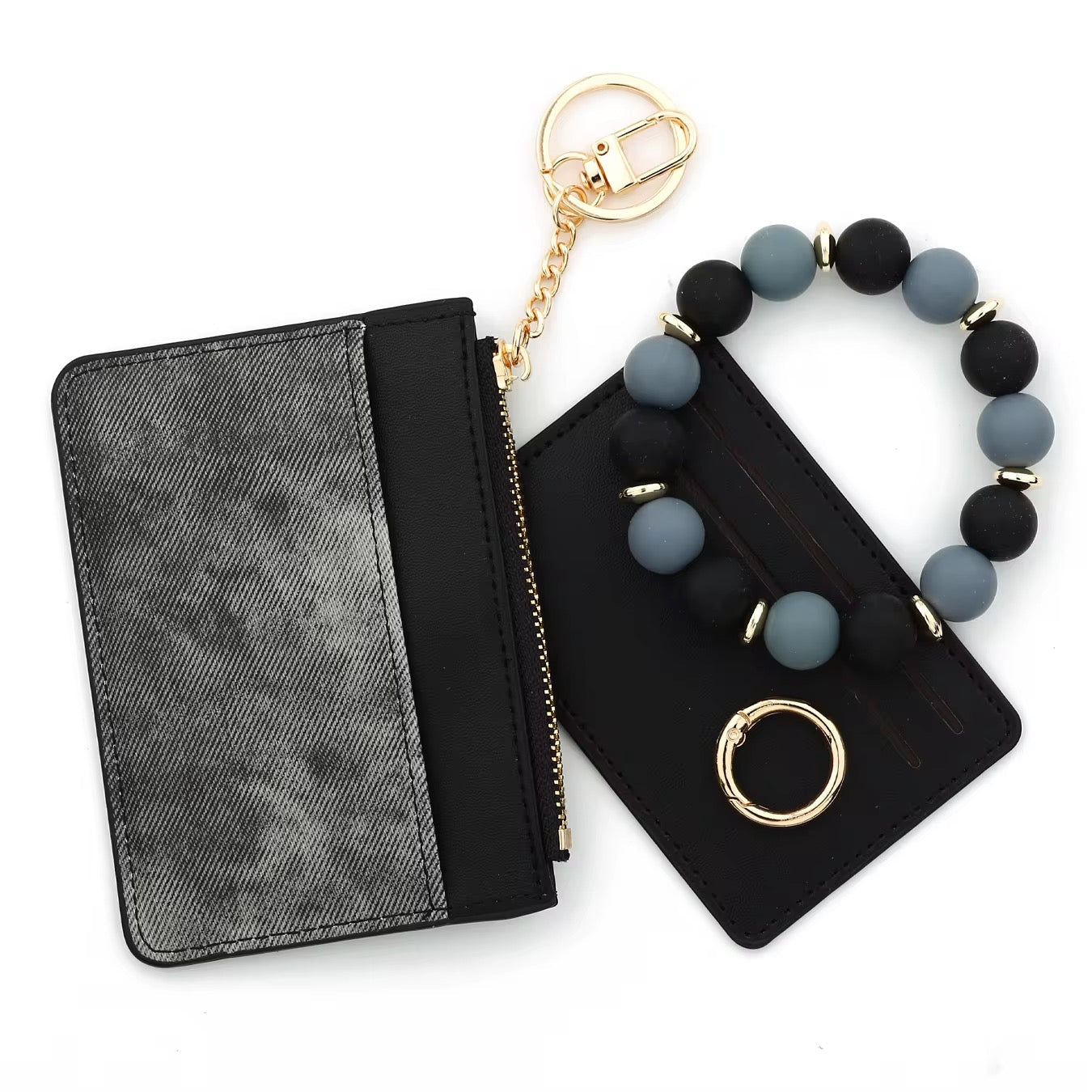 Denim Suede Bracelet Keychain & Card Holder Wallet