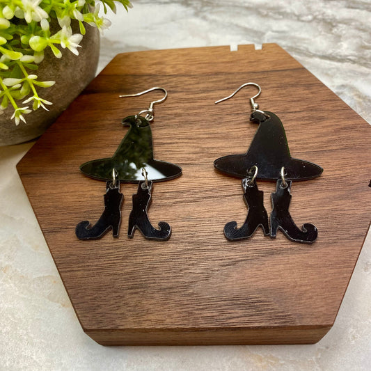 Acrylic Dangle Earrings - Halloween Witch Hat & Shoes