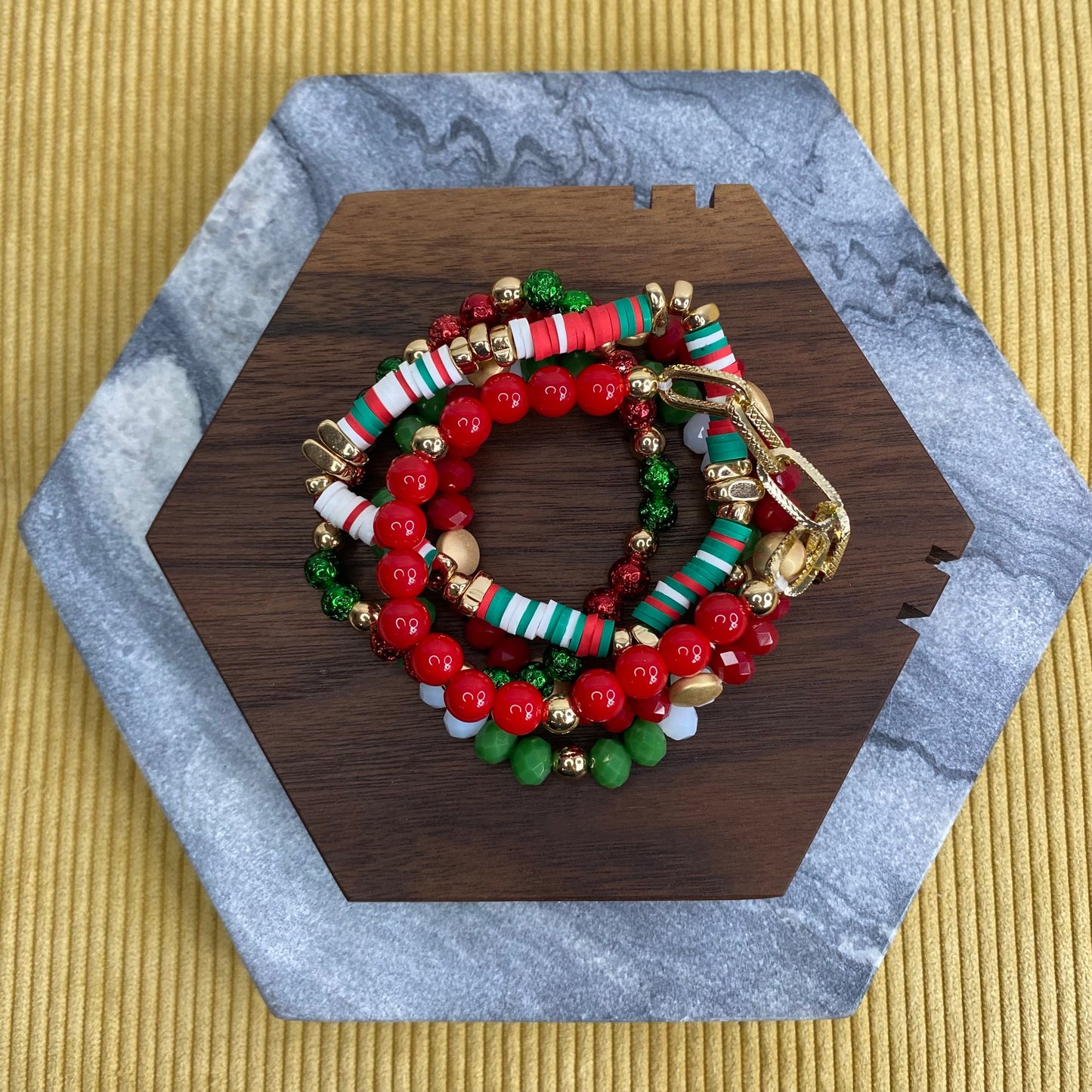 Bracelet Pack - Red and Green Clay, Bead, Gold Chain