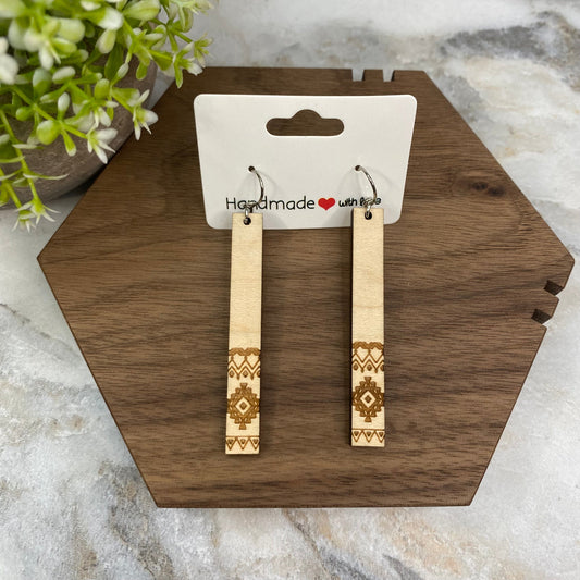 Wooden Dangle Earrings - Rectangle Aztec