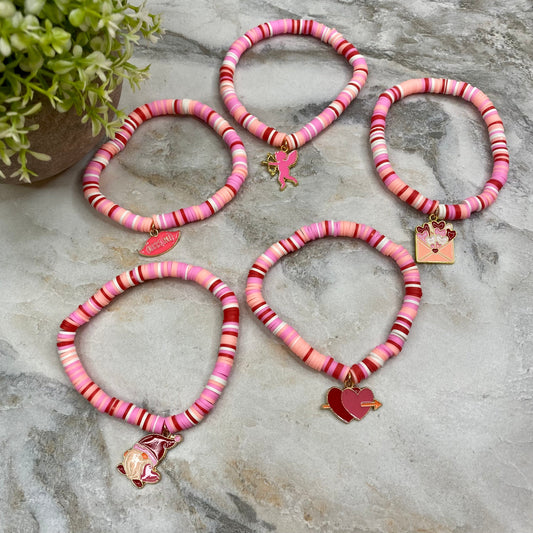 Bracelet - Clay + Charm - Love Red & Pink Charm