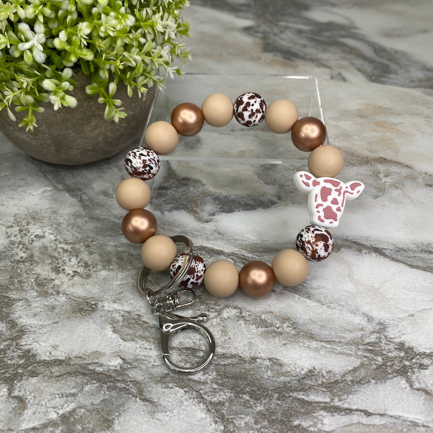 Silicone Bead Bracelet Keychain - Cow Designs