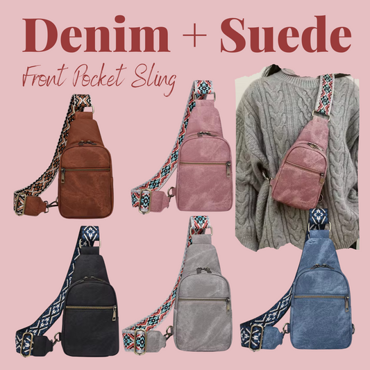 Sling Bag - Denim Suede - Front Zip