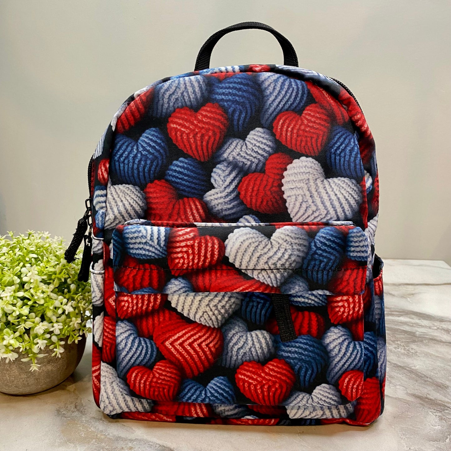 Mini Backpack - Blue + Red Knit Hearts