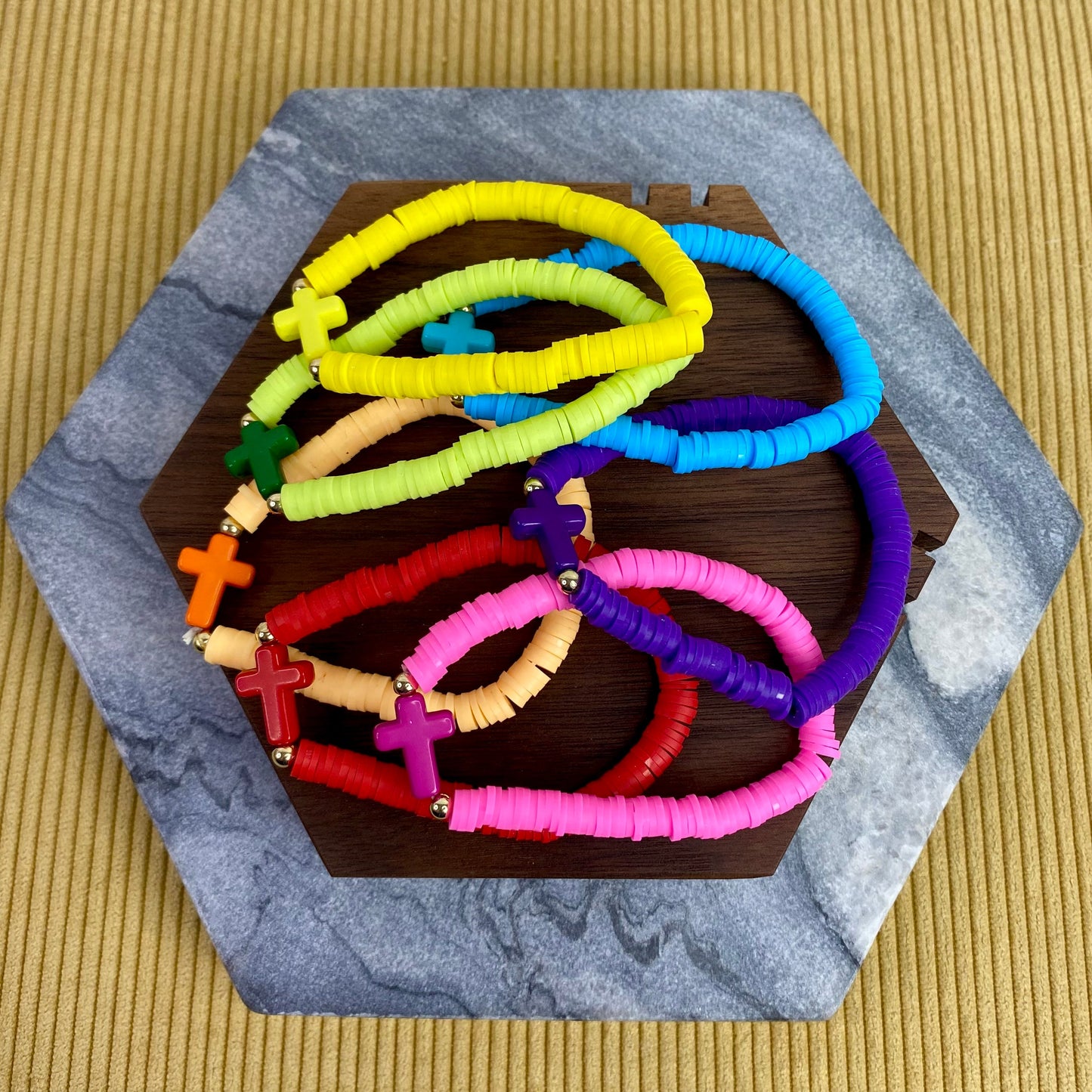 Bracelet - Clay + Bead - Religious Cross Bold Colors