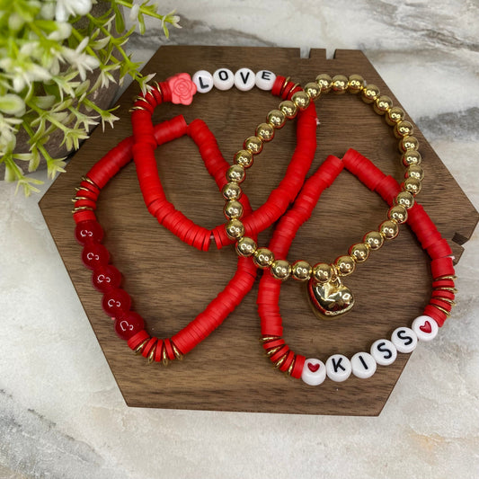 Bracelet - Clay + Bead - Valentine’s Red & Gold Mix