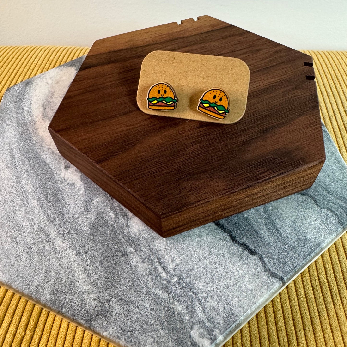 Wooden Stud Earrings - Burger