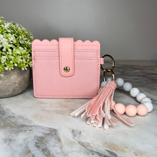 Silicone Bracelet Keychain with Scalloped Card Holder - Peachy Pink