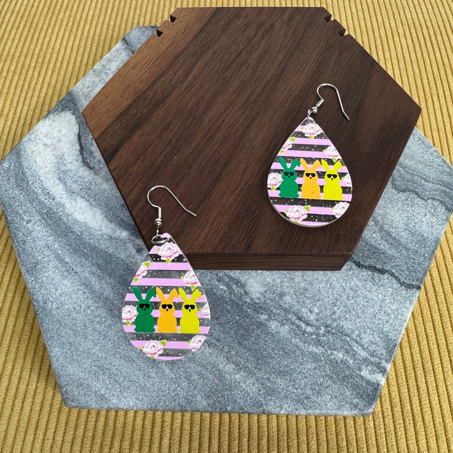 Acrylic Dangle Teardrop Earrings - Easter - Trio Bunny Floral Stripe