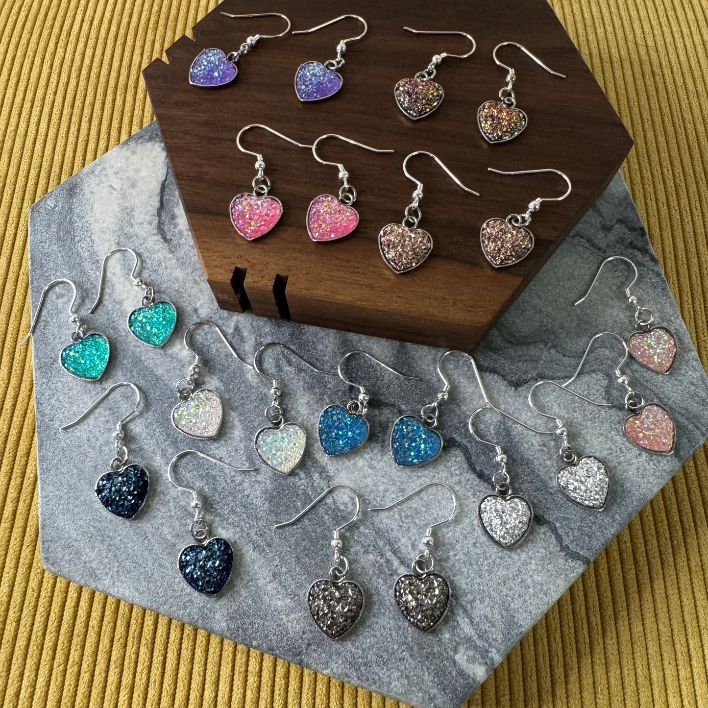 Druzy Drop Hook Earrings - Heart