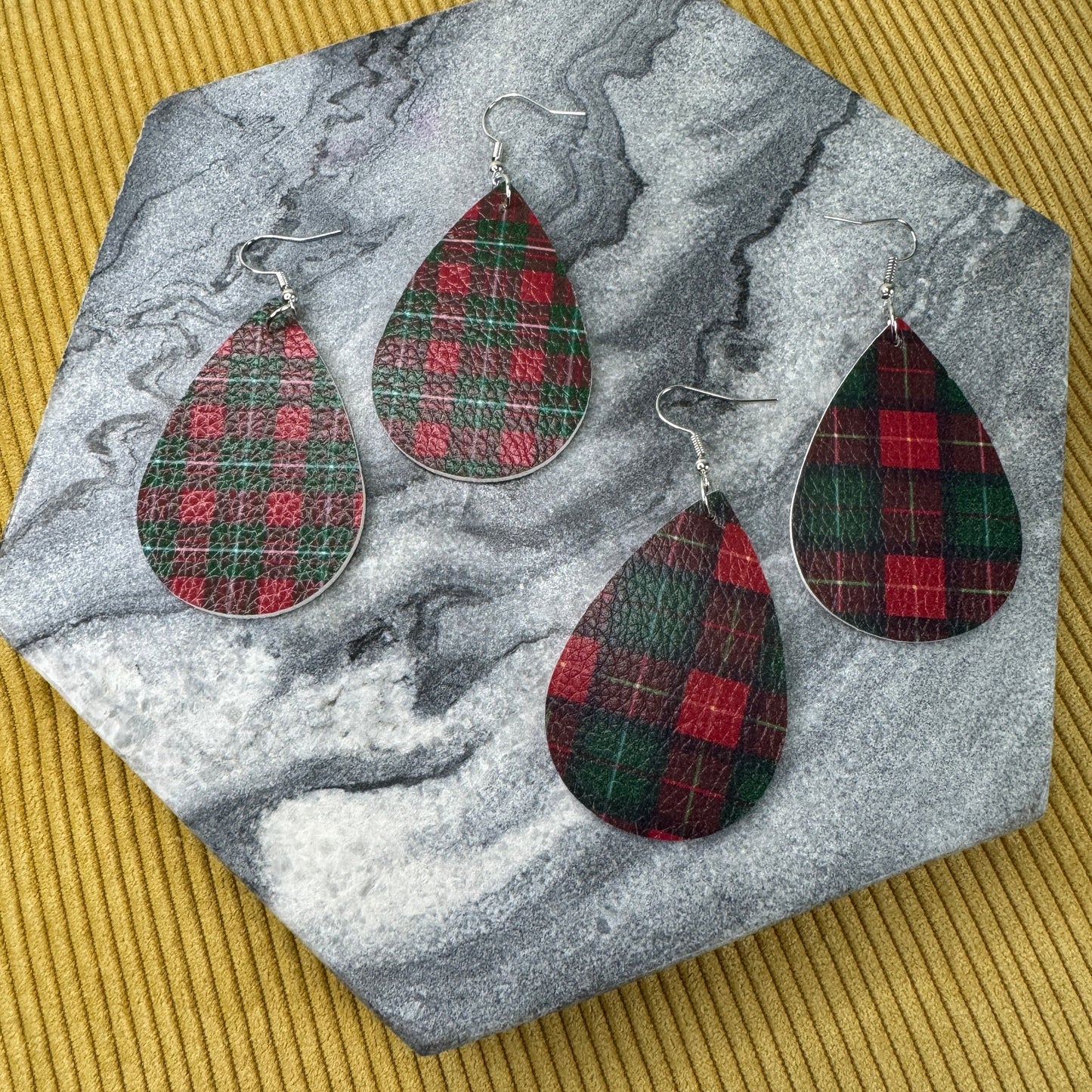 Faux Leather Earrings - Holiday Christmas Plaid Mix