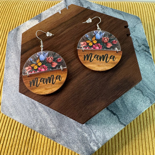 Wood & Acrylic Earrings - Mama/Floral Butterfly