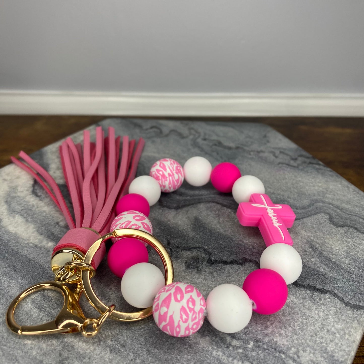 Silicone Bracelet Keychain - Jesus, Pink