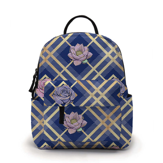 Mini Backpack - Blue Gold Stripes with Roses