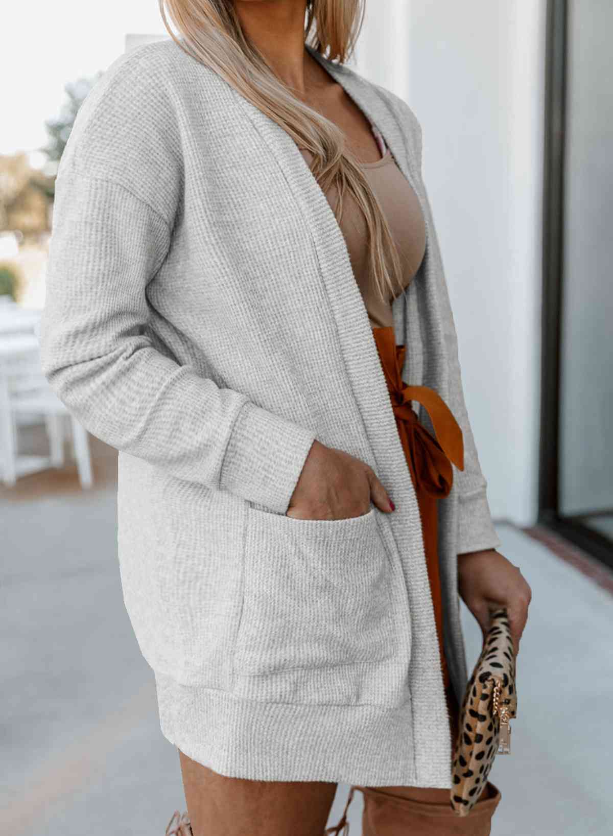 Plus Size Ribbed Open Front Long Sleeve Cardigan with Pockets