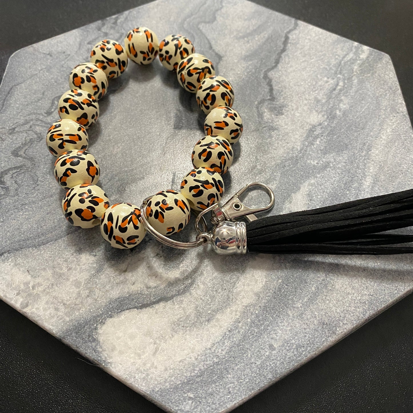 Wooden Bead Bracelet Keychain - Animal Print